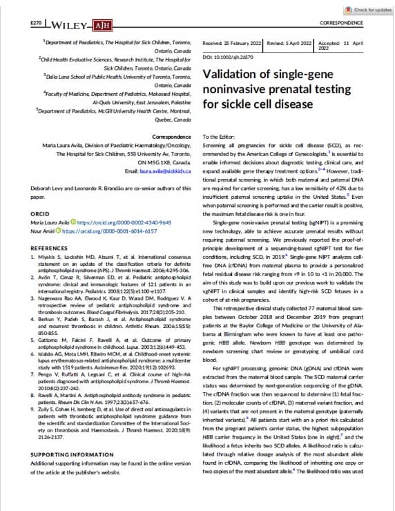 First page of article: Validation of single-gene noninvasive prenatal testing for sickle cell disease