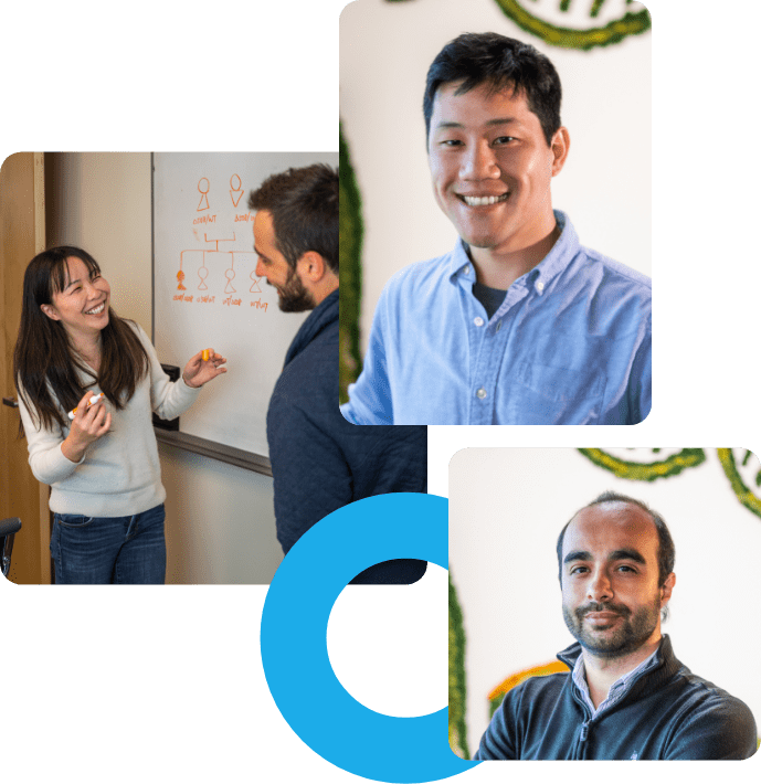 Collage of three photos: headshots of the two founders and one of a man and woman at a whiteboard